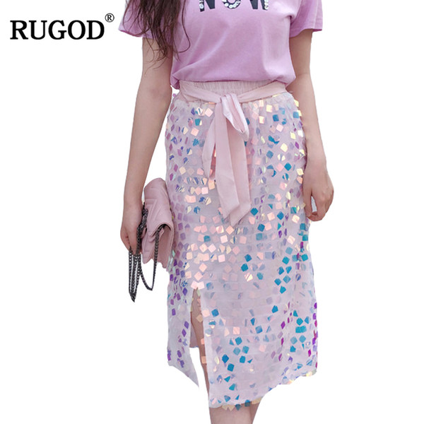 RUGOD Fashion Belted Waist Sequins Mesh Bodycon Skirt Women Summer Casual Elegant High Waist Party Skirt Saia Jupe Femme