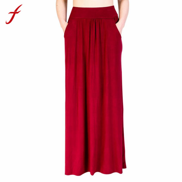 Feitong Summer high waist pleated long skirt Women a line red ruffles party skirts Ladies korean style pocket saia