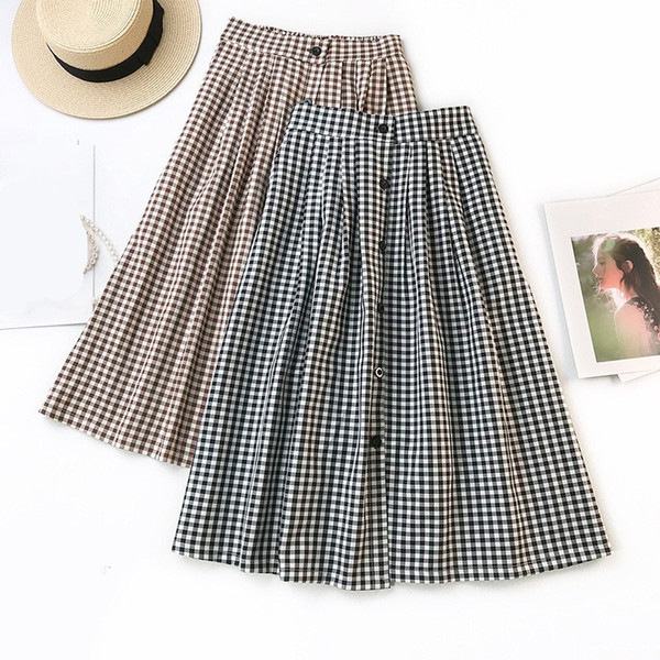 Women Vintage Midi Skirts Spring Summer Plaid Loose Skirt Female Button A-Line Skirts