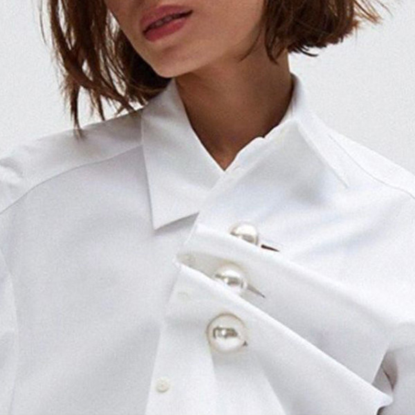 Pearls Shirt Female Series 2018 New Spring Fashion OL Clothing Lapel Collar Ruched Patchwork Irregular White Long Blouse