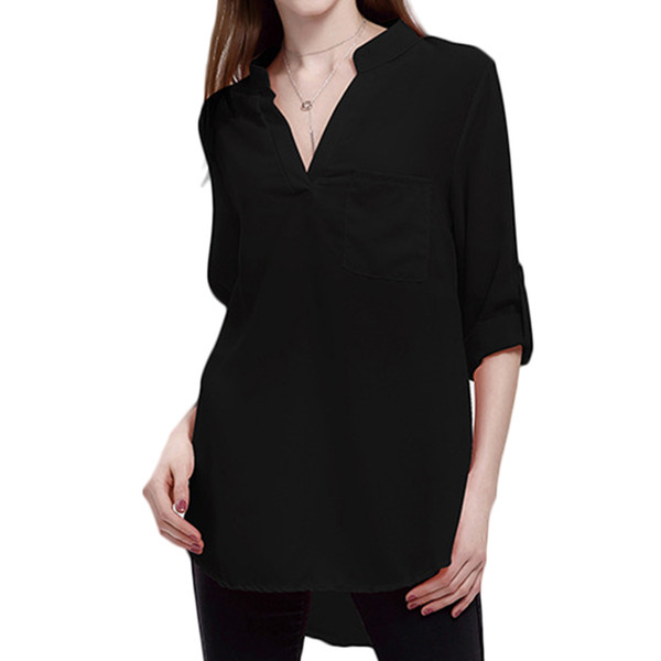 Sexy Women Casual Long Sleeve Shirts Fashion V Neck Solid Color Blouse Office Lady Daily Wear Loose Chiffon Blouse Tops