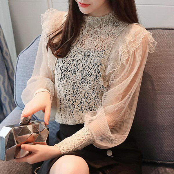 Korean Style Women's Shirt Fashion Ruffles Lace Patchwork Transparent Lantern Sleeve Chic Blouse Plus Size Women Tops