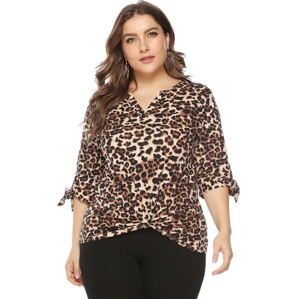 Plus size 6xl women v neck 3/4 sleeve knotted leopard blouse 4xl 5xl chemise leopard femme Spring summer womens tops and blouses
