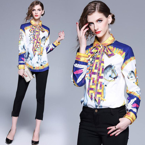 High Quality Antumn Women Tops Fashion Casual Long Sleeves Chiffon Blouse Designer Animal Printed Bow OL Shirts