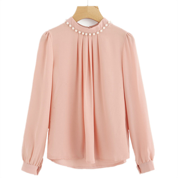 Pearl Women Chiffon Blouse Work Office Long Sleeve Shirt Women Tops Loose O Neck Blusas Femininas Camisas Mujer Wholesale noJA24