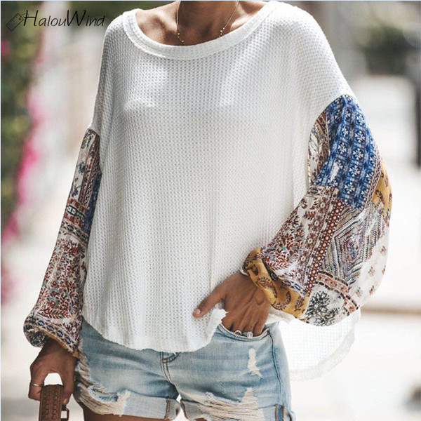 Floral Print Lantern Sleeve Chiffon Knitted Patckwork Blouse and Tops Shirts 2019 Oversized Loose Casual Summer One Shoulder Top