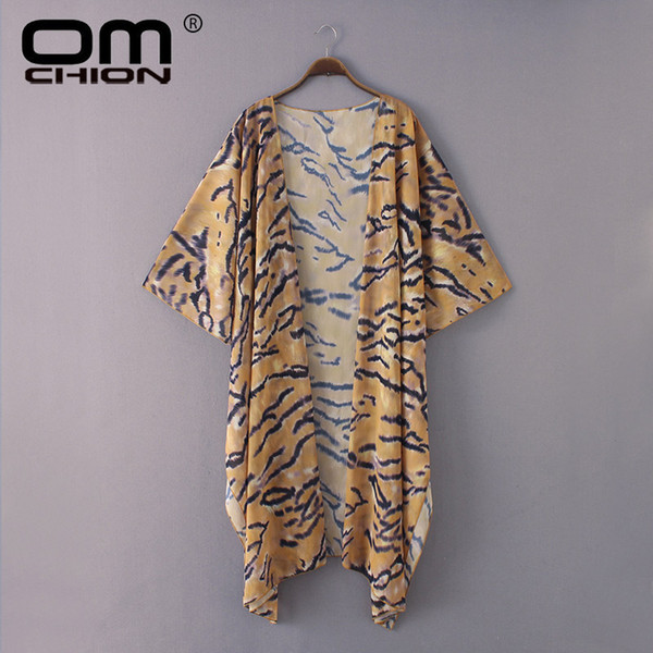 OMCHION Plus Size 5XL Blusas Summer Short Sleeve Beach Long Kimono Cardigans Women Casual Loose Tiger Striped Blouses QS440