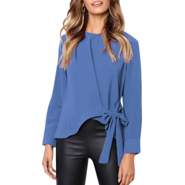 New Women Sexy Blouse Casual Long-Sleeved Shirt Bow Knotted Round Neck Hem Irregular Loose Tops Blusas Female