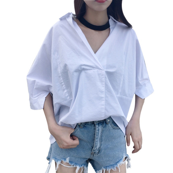 Summer Women Blouses Women Batwing Sleeve Tops Loose V-neck Tops Plus Size Shirt