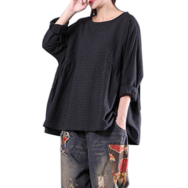 Vintage Plaid Shirt Blusas Women Round Neck Long Sleeve Loose Blouse