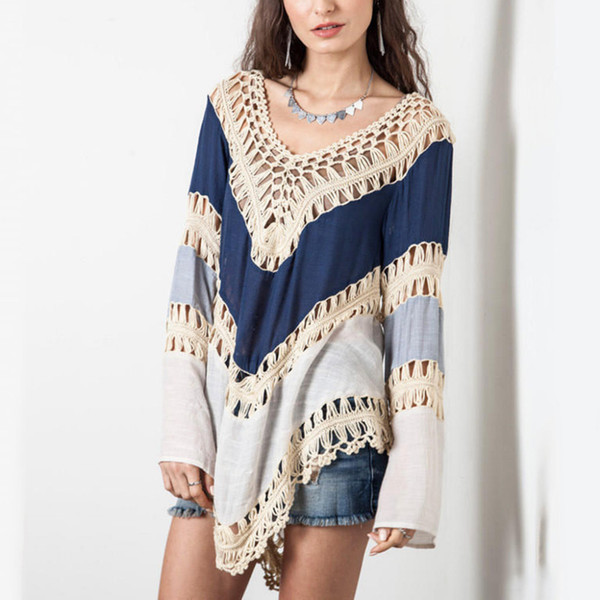 New Arrival Spring Womens Fashion Hole Long Sleeve Lace Splice Casual Patchwork Bohemia Blouse Sexy Sexy Backless Loose Beach