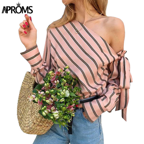 Aproms Elegant Blocked Striped Bow Tie Skew Collar Sexy Women Blouse Summer Casual Streetwear Female Shirt Office Streetwear Top