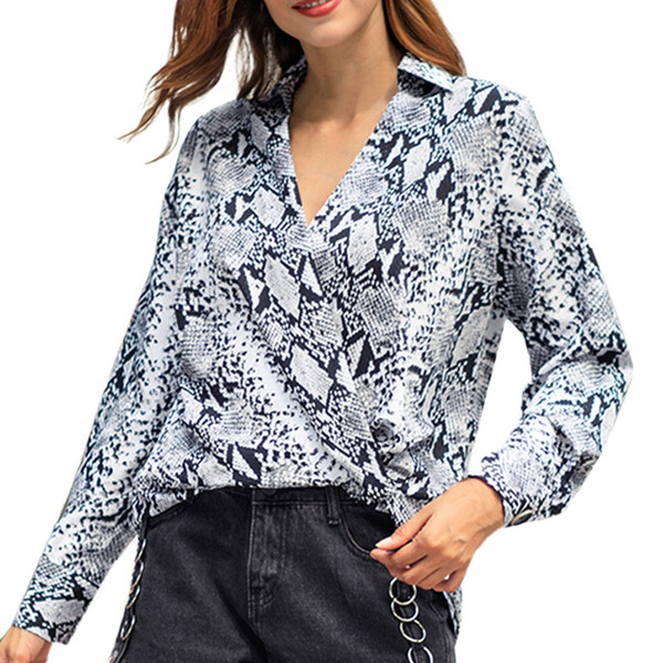 Plus Size Snake Print Womens Tops And Blouses Fashion Sexy Long Sleeve V-Neck Spring Summer Blouse haut femme