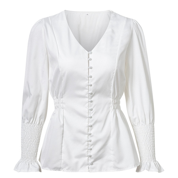 BerryGo Sexy v neck women blouse shirt Puff sleeve buttons white bodycon blouse spring shirt top Female office lady tops