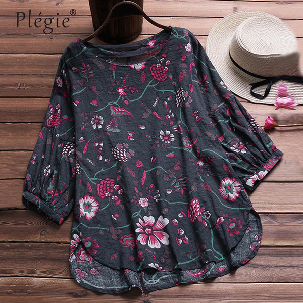 Plegie Spring Vintage Cotton and Linen Women Tops Three Quarter Sleeve Floral Print Shirt Blouse Women 5XL Plus Size Tops