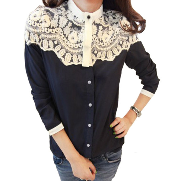 Women Fashion Lace Floral Women Chiffon Shirt Tops Button Down Long Sleeve Loose Ladies Blouse Shirt High Quality