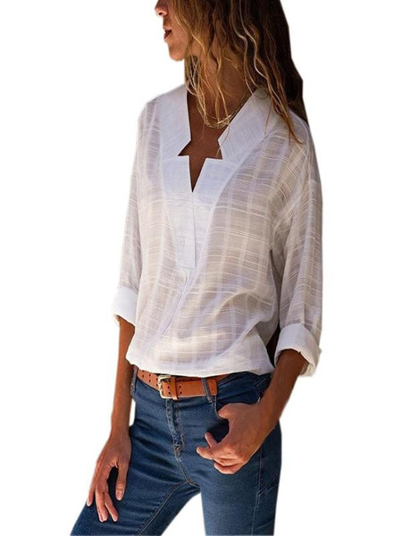 Shirt Women 2019 White Shirt Fashion Women V Neck Long Sleeve Cotton Linen shirts Casual Blouse Tops koszula damska-30