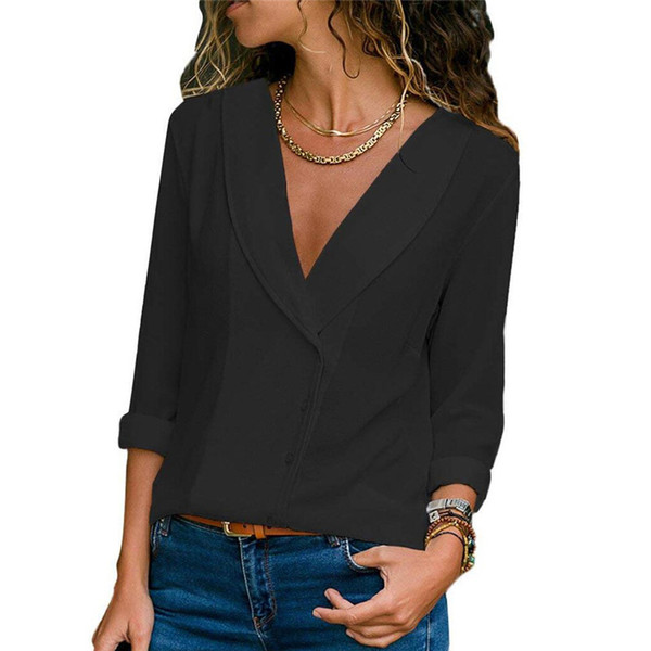 Women Autumn Chiffon Shirts V Neck Long Sleeves Pullover Loose Casual Blouse H9