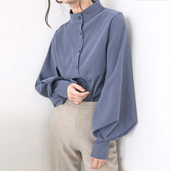 Vintage Stand Collar Lantern Sleeve Women Blouses Tops Single Breasted Blouse Shirt Female Casual Loose Shirts blusas mujer