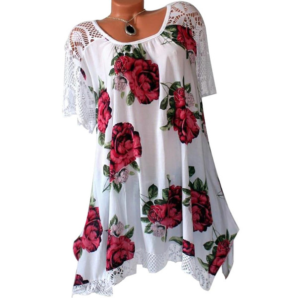 Women's Oversize Blouse Shirt Lace Patchwork Flower Print Short Sleeve Casual Asymmetrical A Line Tunic Blouse Plus Size 5XL