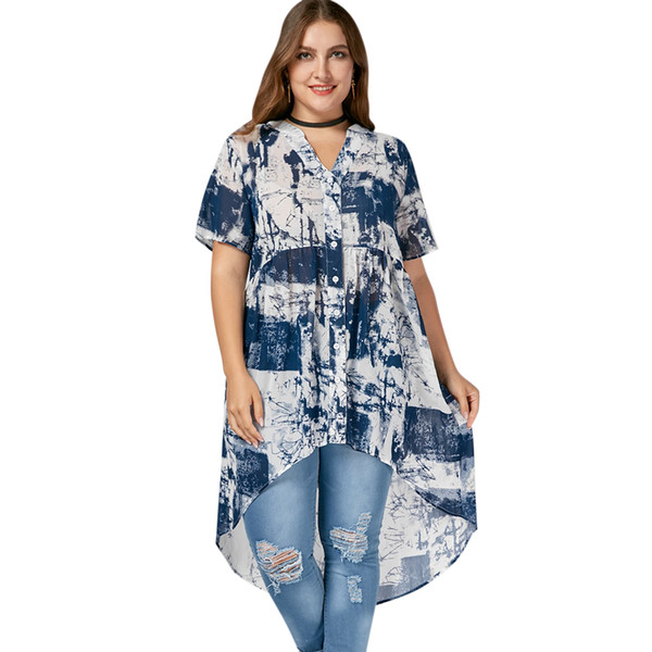 Trendy Summer Plus Size Women Print Shirt V-Neck Tie Dye Long Tunic Top Irregular High Low Blouse Loose Female Tops 2019 Blouses