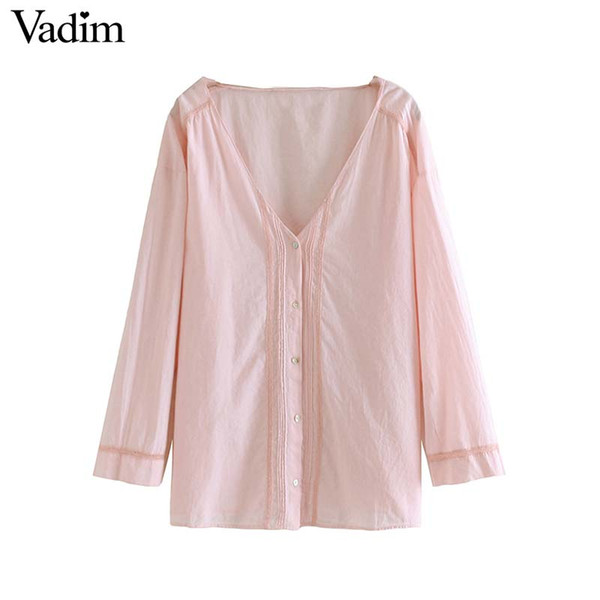 Vadim women stylish solid V neck blouse three quarter sleeve pleated transparent female casual wear simple tops blusas LB199