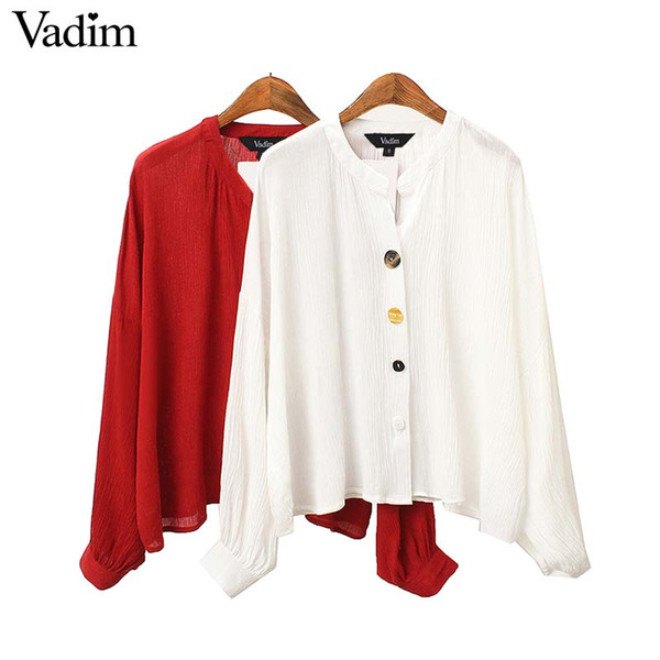 Vadim women retro stylish solid oversize blouse three quarter sleeve buttons decorate female casual chic loose tops blusas LB192