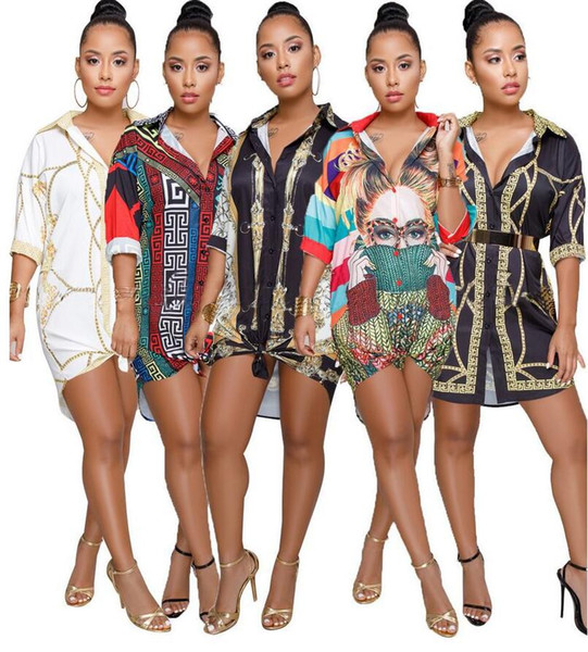 2018 Europe and the United States hot fashion women's printed shirt skirt summer single-breasted loose cardigan free shipping