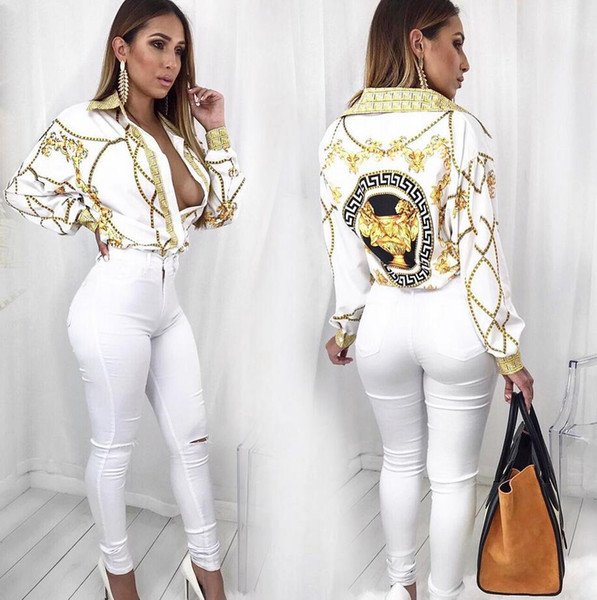 2019Autumn Gold Chain Print Blouses for Women Long Sleeve Turn Down Collar Button up Female Shirt Sexy Casual Ladies Tops