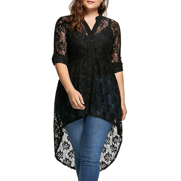 Wipalo Women Plus Size Blouse Autumn Peplum Long Sleeve High Low Lace Shirts Tunic Through Button Up Women Tops And Blouse 5XL