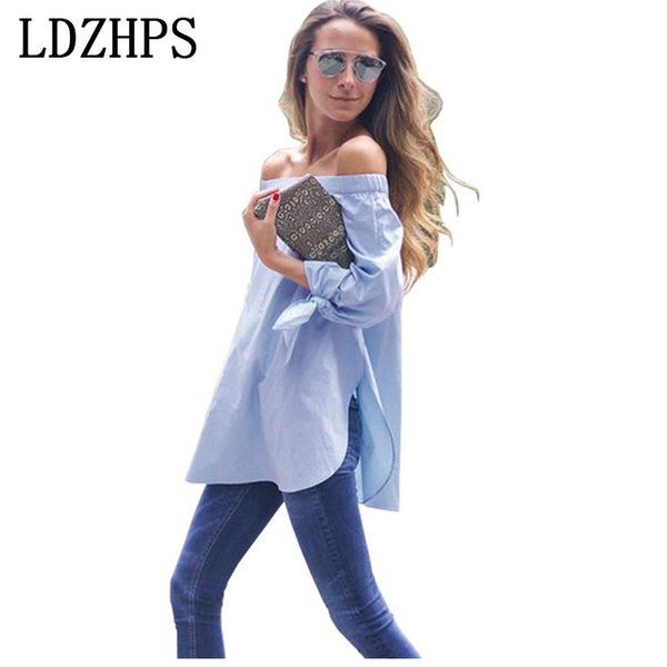 Wholesale- LDZHPS Women Blue Bow Tie Loose Blouse Plus Size Slash Neck Off Shoulder Tops Stripe Long Shirts Fashion Casual Summer 2017