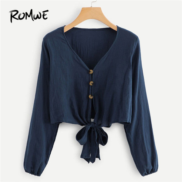 ROMWE Navy V Neck Single Breasted Knot Hem Womens Tops And Blouses Autumn Casual Long Sleeve Plain Clothing Female Crop Shirt