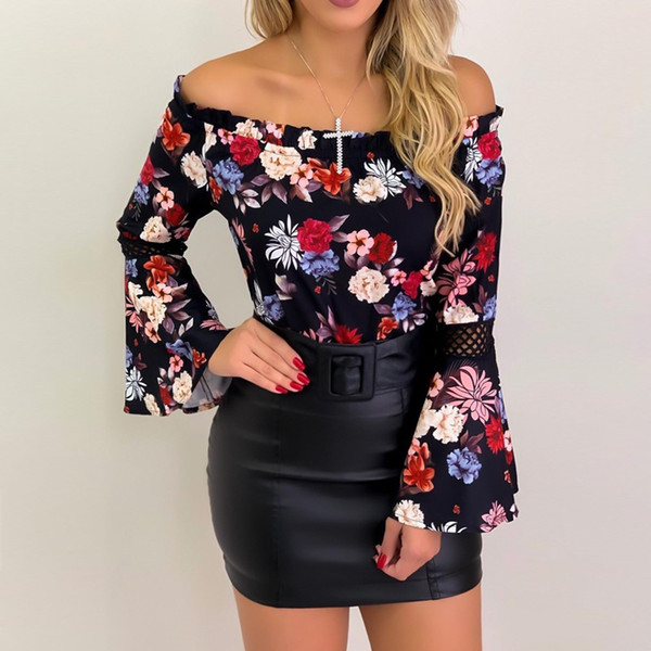 2019 New One-line Collar Printed Floral Blouse Ladies Trumpet Sleeve Blouses Spring Summer Casual Fashion Shirt Blusas Women's