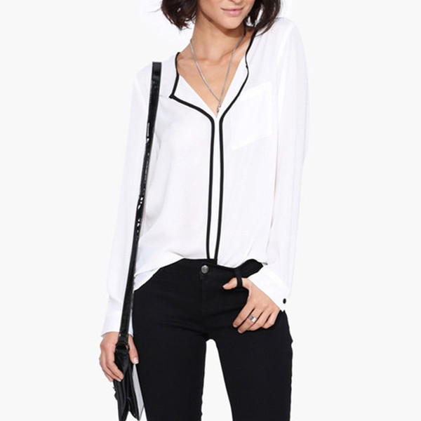 Fashion Womens Casual White V Neck Long Sleeve Black Side Chiffon Blouse Shirt Work Wear Women Tops