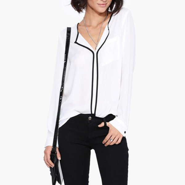 2017 New Summer Style Fashion Womens Casual White Shirt Long Sleeve Black Side Chiffon Blouse V-neck Work Shirts Women