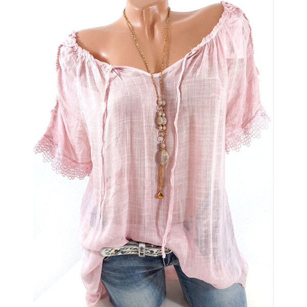 Summer Women Blouse Lace Up Shirt Short Sleeve Off The Shoulder Slash Neck Loose Casual Basic Blouses & Shirts WS6627Z