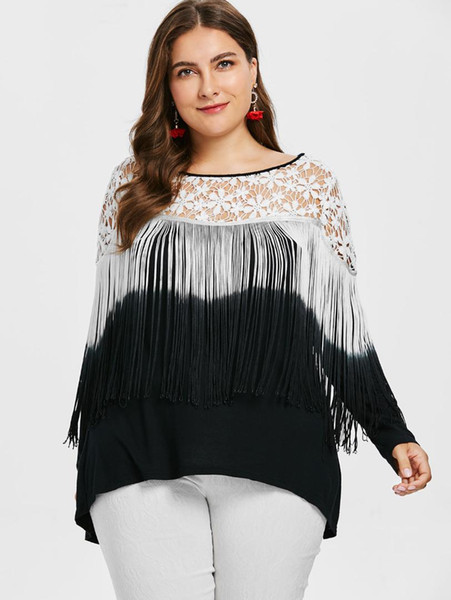 Kenancy Plus Size 5XL Fashion Fringed Long Sleeves Women Shirts Black White Color Block Lace Tassel Party Blouse Club Blusas Top