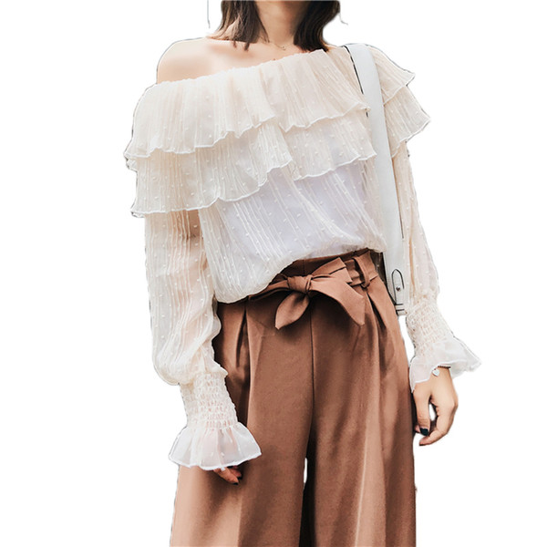 2018 Spring Summer Ruffle Elastic Off Shoulder Chiffon Blouse Women Blusas Solid Loose Puff Sleeve Womens Tops and Blouses MY637