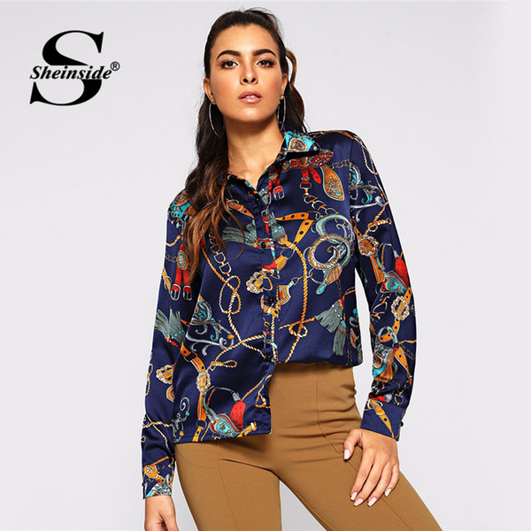 Sheinside Graphic Print Single Breasted Blouse Women Top Female Long Sleeve Autumn Shirts Elegant Womens Tops and Blouses