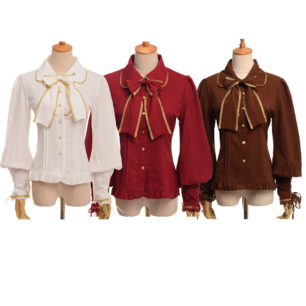 Women Female Royal Court Style Vintage Lolita Gothic Bow-knot White Chiffon Blouse Retro Long Sleeve Shirt Tops