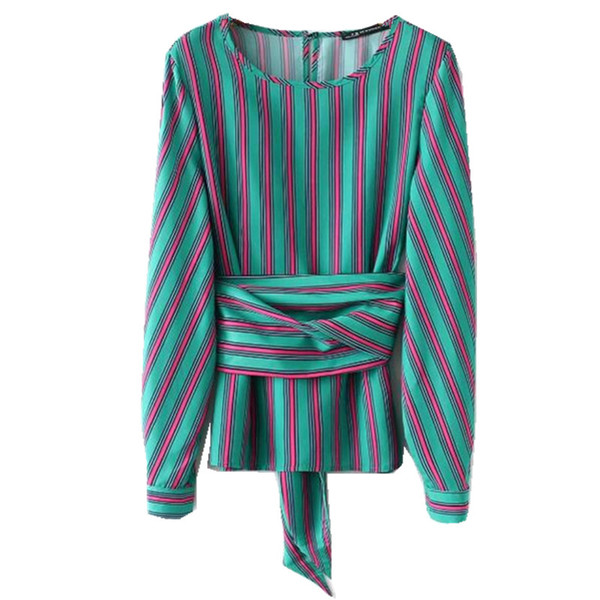 Stylish O neck Colored Striped Shirt New Woman Bandage Waist Sashes Long Sleeve Contrast Color Blouse Top Femme