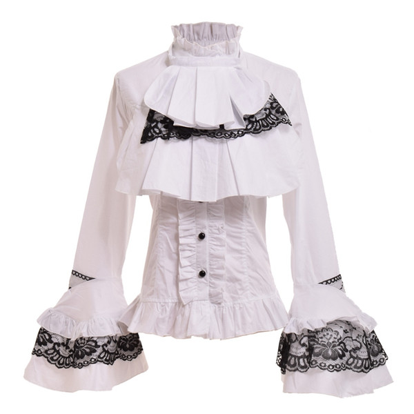 Black/White Womens Vintage Gothic Steampunk Puff Sleeve Blouse Elegant Princess Empire Royal Lolita Waist Lace Up Shirt Tops