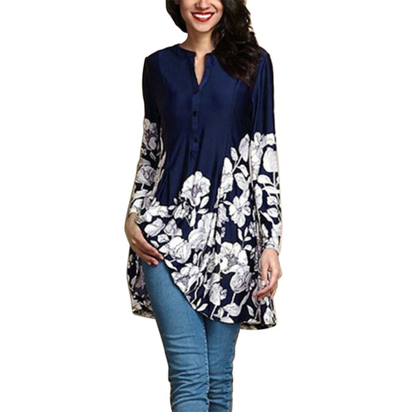 Women Plus Size 5XL Floral Print V-Neck Fashion Long Sleeve Button Long Shirt Bohemian style ladies blouses blusa feminina