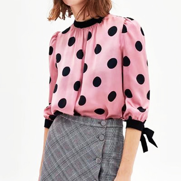 Women Women Pink Polka Dots Blouse Bow Tie Sleeves Pullovers Hem Spot Shirt for Contrast Color 3/4 Sleeve Shirt Top