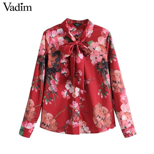 Vadim women sweet bow tie floral shirt long sleeve pleated blouse vintage female spring casual chic tops blusas LT2654