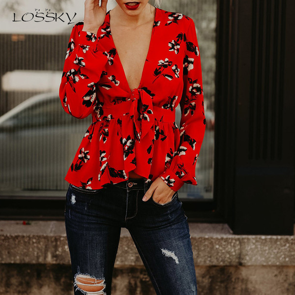 Women Fashion Floral Print Sexy Tops Shirt Summer Deep V-neck Lace Up Long Sleeve Blouse New Casual Loose Red Shirts Blouse