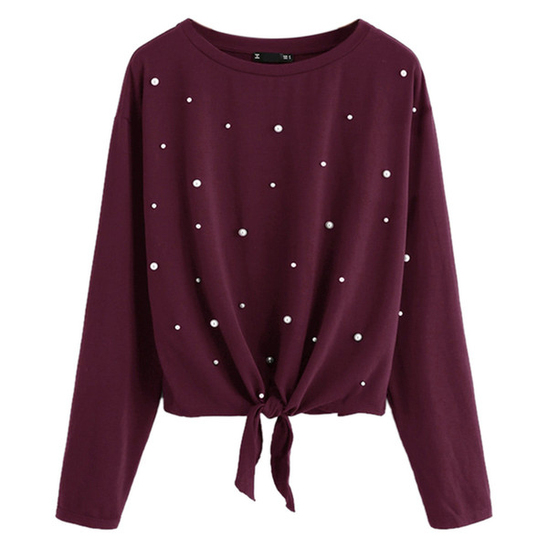 ISHOWTIENDA Fashion Women Casual blouse Solid Beading O-Neck Front Tops Long Sleeve Shirt Ladies Blouses Womens Tops and Blouses