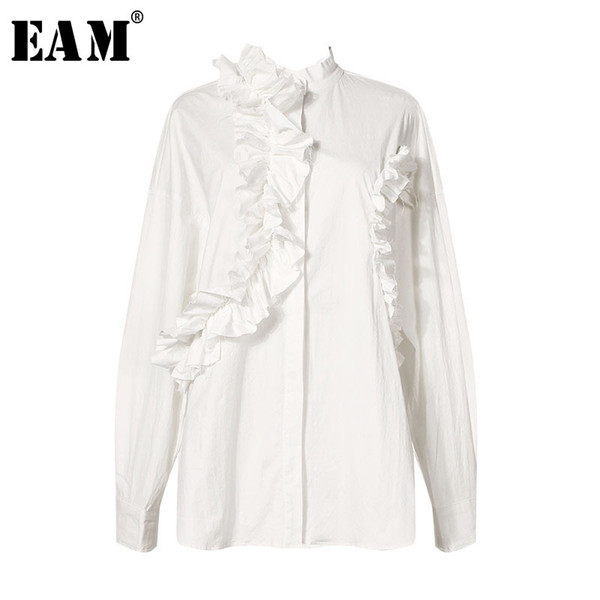 [EAM] 2019 New Spring Winter Lapel Long Sleeve White Loose Ruffles Pleated Split Joint Loose Shirt Women Blouse Fashion JL337