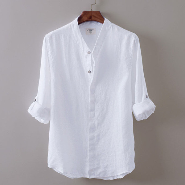 hirigin New M-XXL men white linen shirts V neck collar Long sleeve Breathable Thin soft shirt men women casual solid shirt