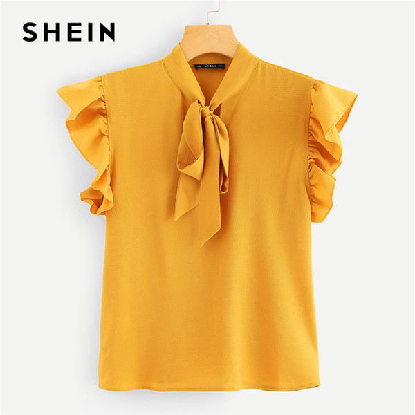 SHEIN Mustard Elegant Office Lady Flounce Shoulder Tied Neck Floral Solid Ruffle Blouse 2018 Summer Women Tops And Blouses